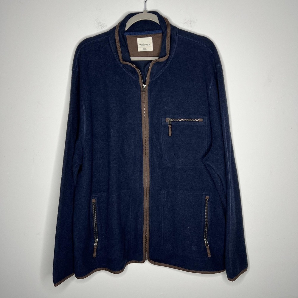WoolOvers Jacket Mens 2XL Navy Brown Full Zip Organic Cotton Fleece Pockets